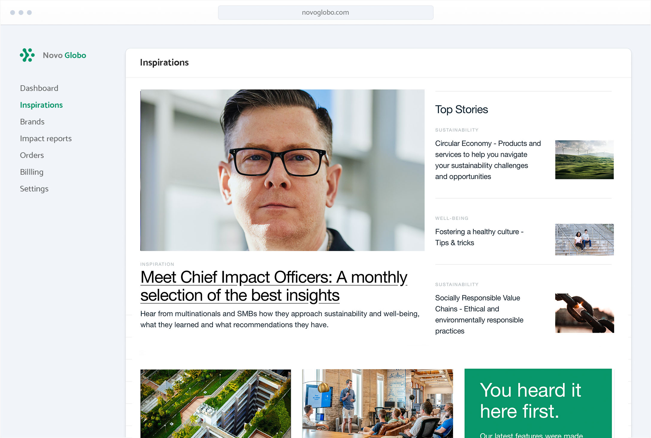 Screenshot of Novo Globo business portal with inspirations
